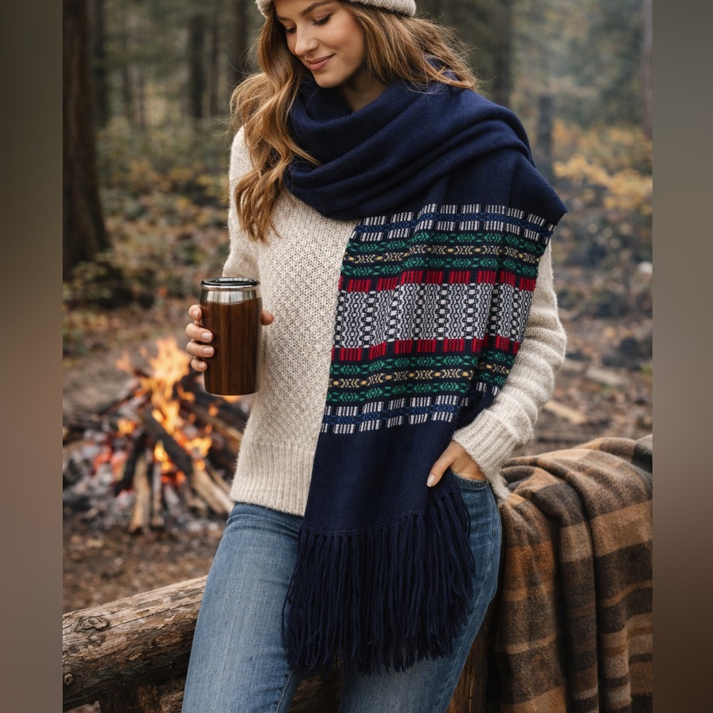 Wool Navy Patterned Scarf Wrap Handmade Fringe Cozy Winter Hygge Oversized